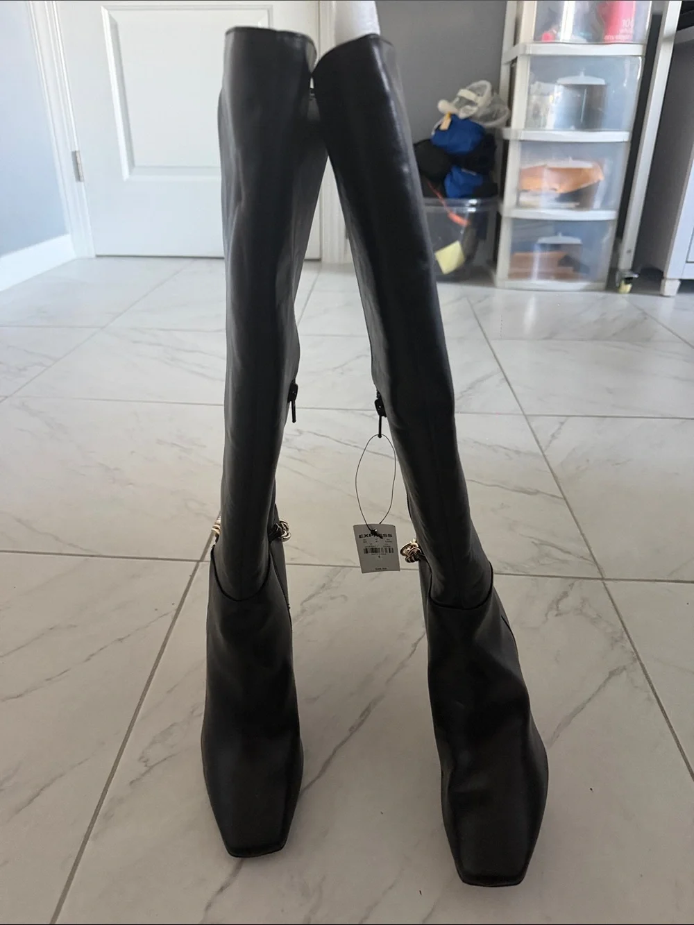 Express Black Over-the-Knee Heeled Boots with Gold Chain Accent - NEVER WORN